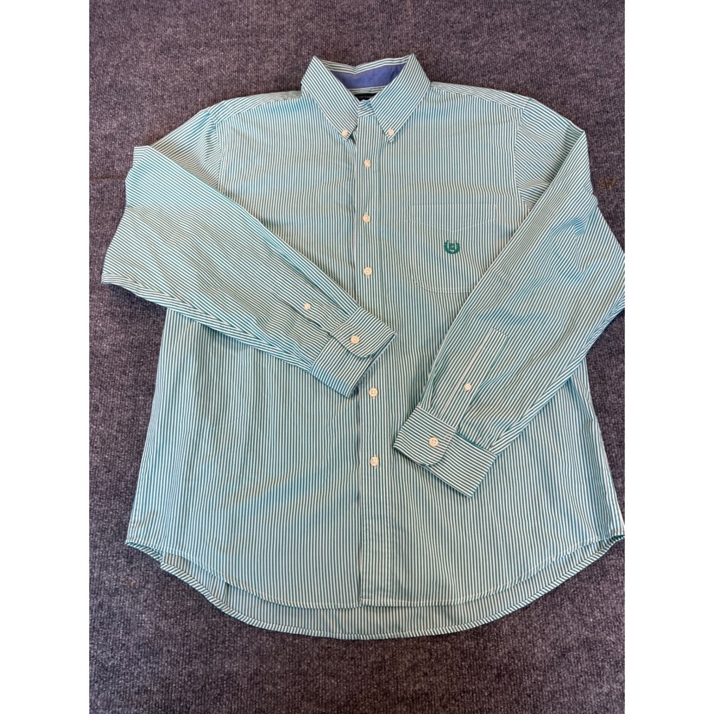 Chaps Men's L Striped Button Down Shirt Green White Preppy Coastal